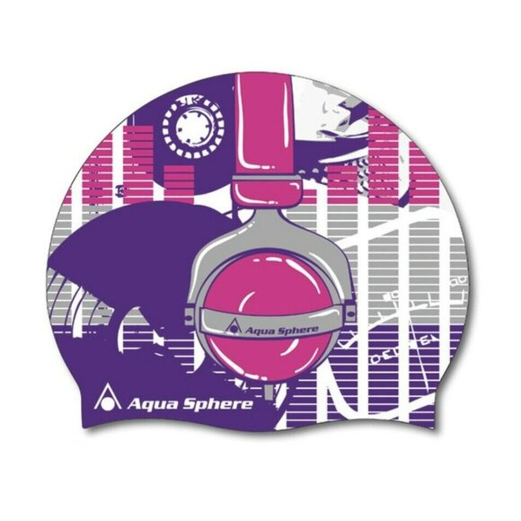 AQUA SPHERE - SILICONE SWIM CAP - HEADPHONES GRAPHIC - PINK PURPLE #20930P NEW - Picture 1 of 6